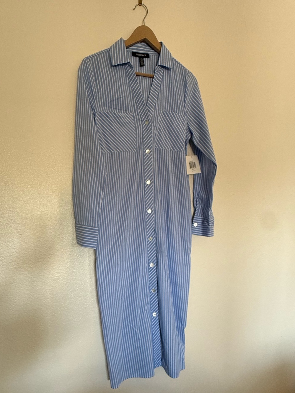 Ellen Tracy Blue and White Striped Long Sleeve Shirt Dress